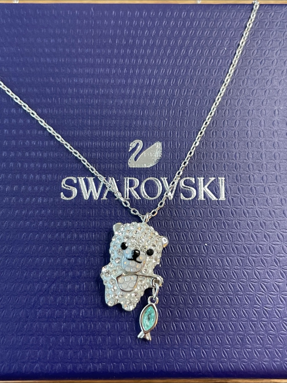 Swarovski Silver Crystal Teddy Bear Necklace with Aqua Charm